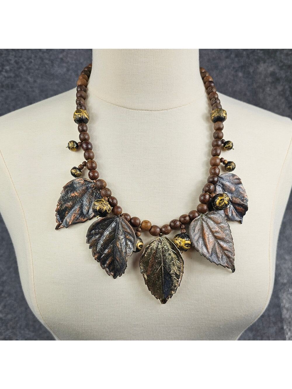 Vintage Bronze Gold Tone Leaf Necklace Boho Tribal Chunky Statement 25 inch